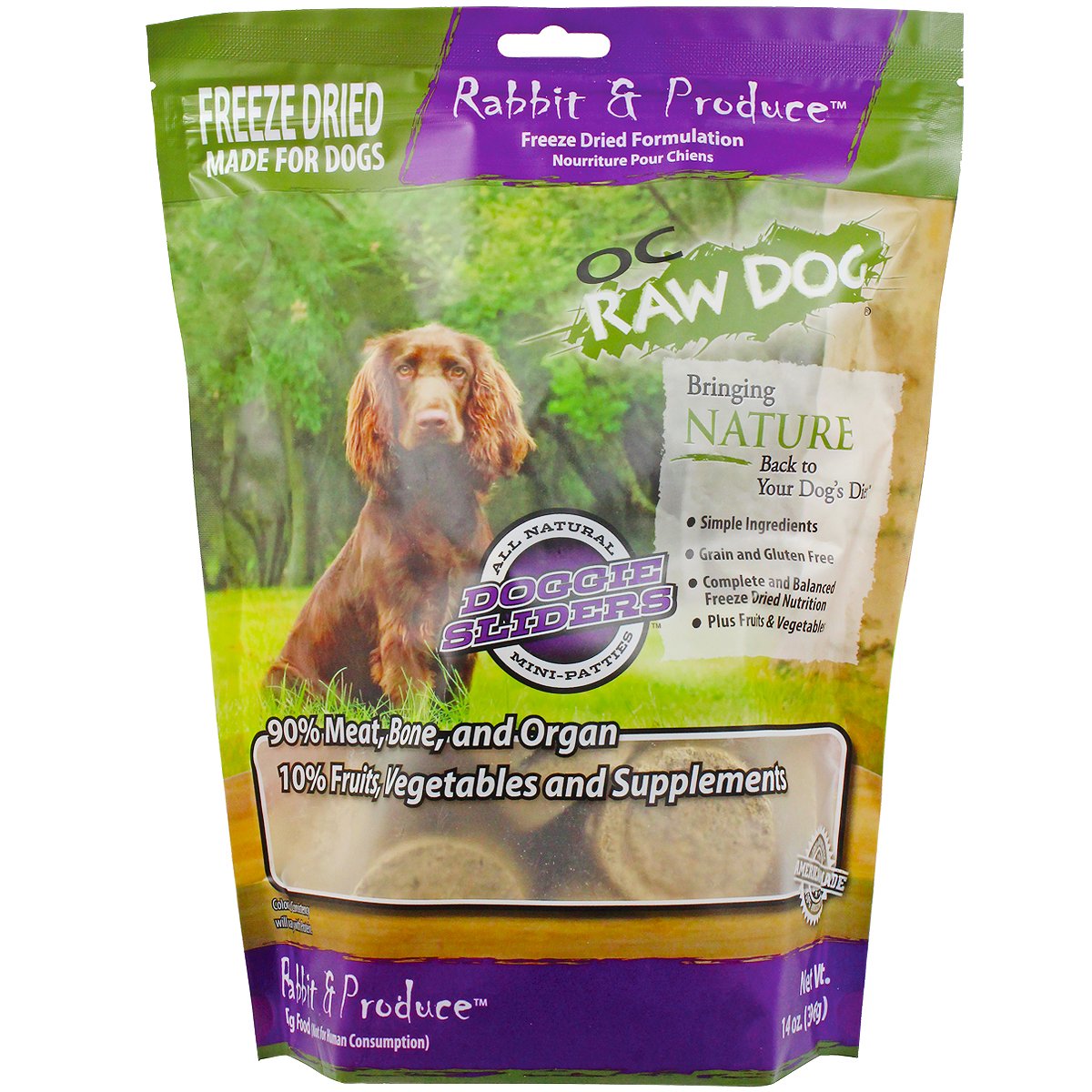 OC Raw Dog freeze-dried rabbit sliders 14oz, close-up of bite-sized pieces for training and tasty rewards.