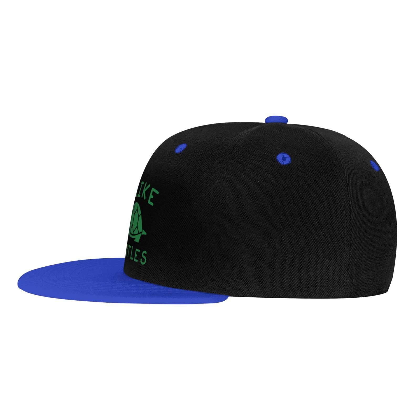 OCALL I Like Turtles blue flat brim hat back view, adjustable fit.