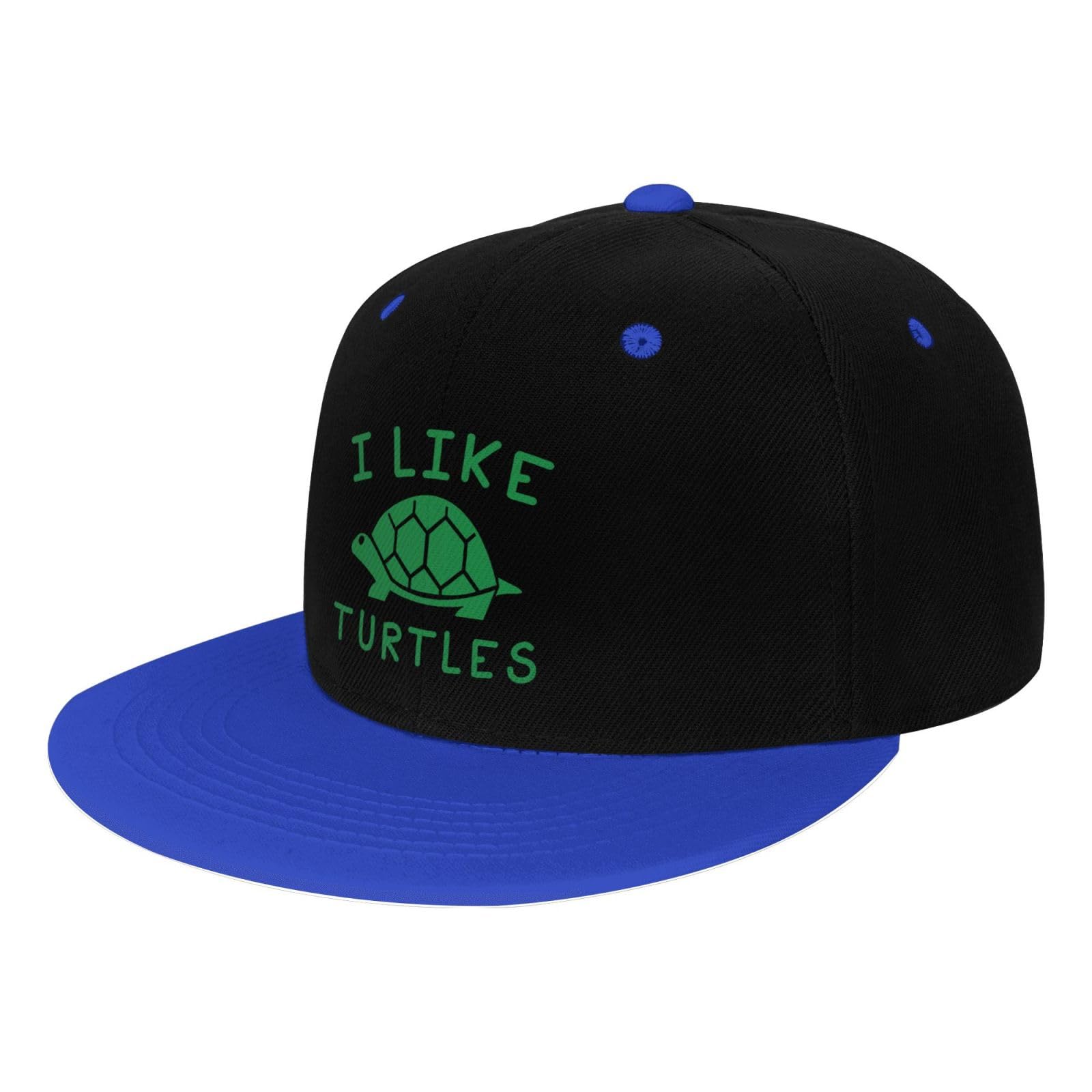OCALL I Like Turtles blue flat brim hat front view, breathable daily wear.