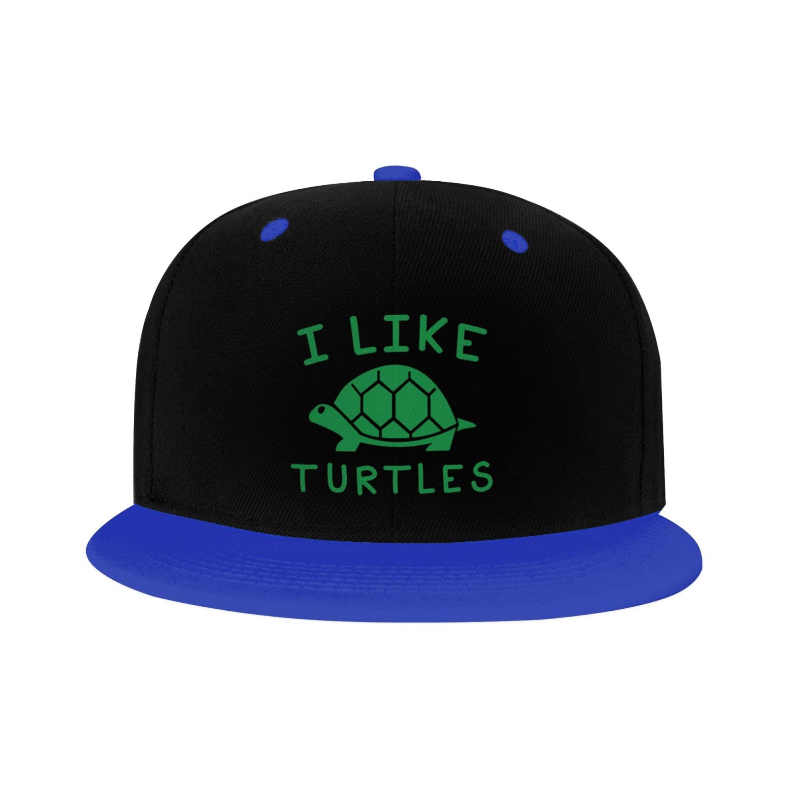OCALL I Like Turtles blue flat brim hat side view, stylish everyday accessory.