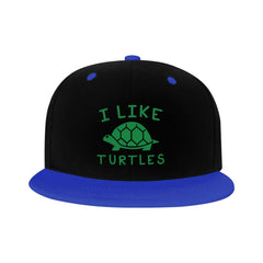OCALL I Like Turtles blue flat brim hat side view, stylish everyday accessory.