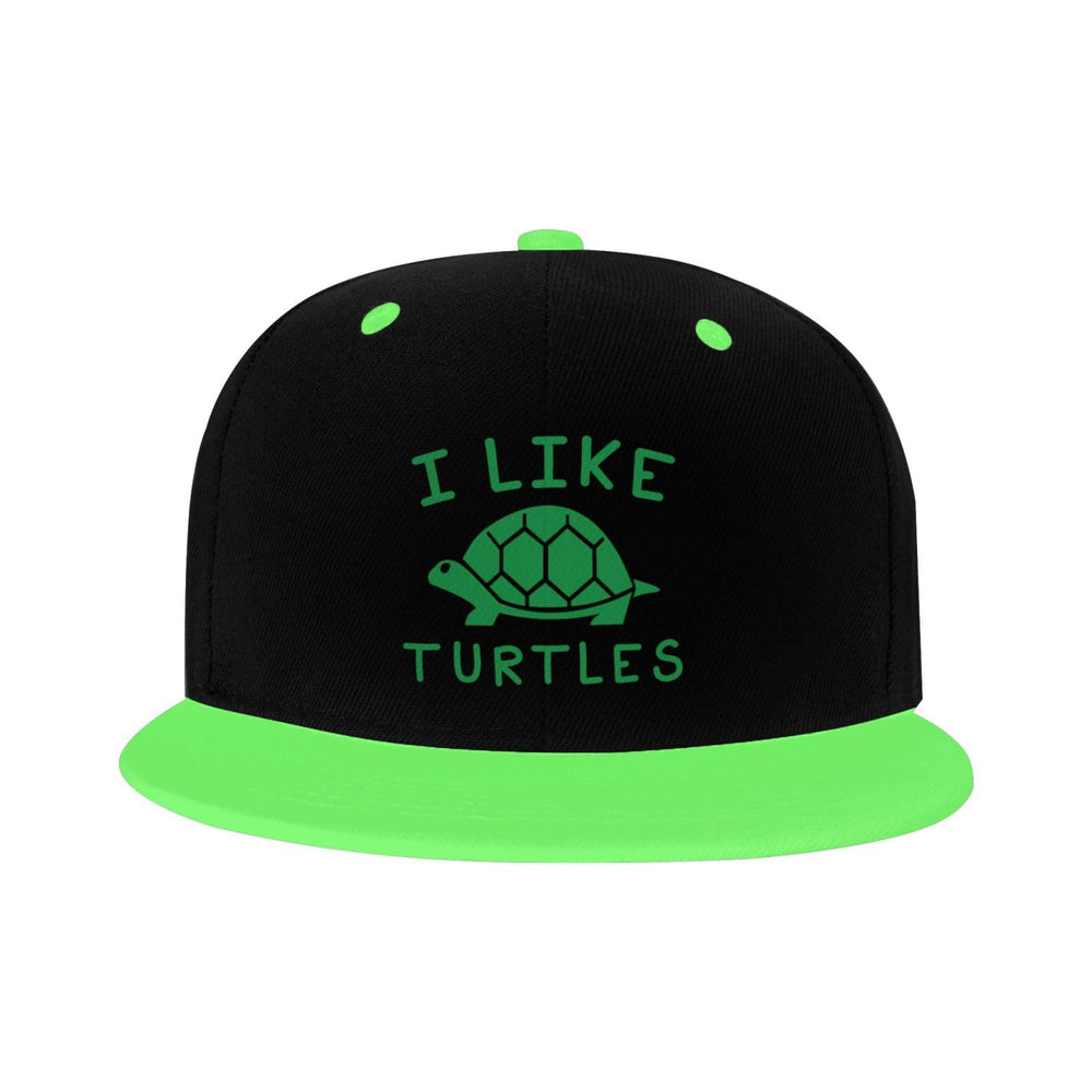 OCALL I Like Turtles flat-brim hat side view shows versatile fashion accessory.