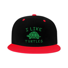 OCALL I Like Turtles red snapback, side profile with versatile streetwear appeal.