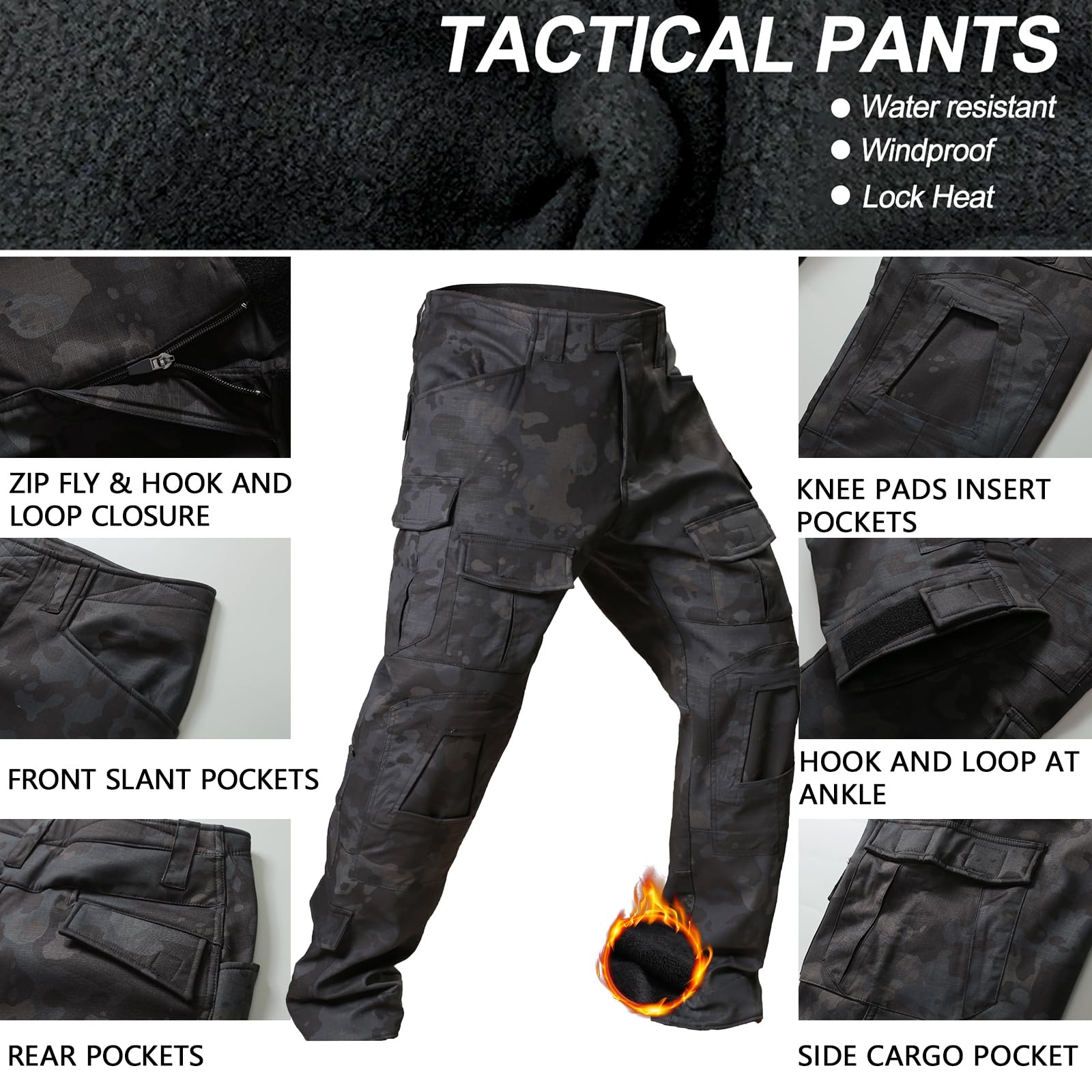 OCANXUE fleece-lined tactical pants front view showcasing roomy cargo pockets