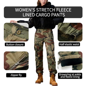 OCANXUE fleece-lined cargo pants camo straight leg with drawstring fit
