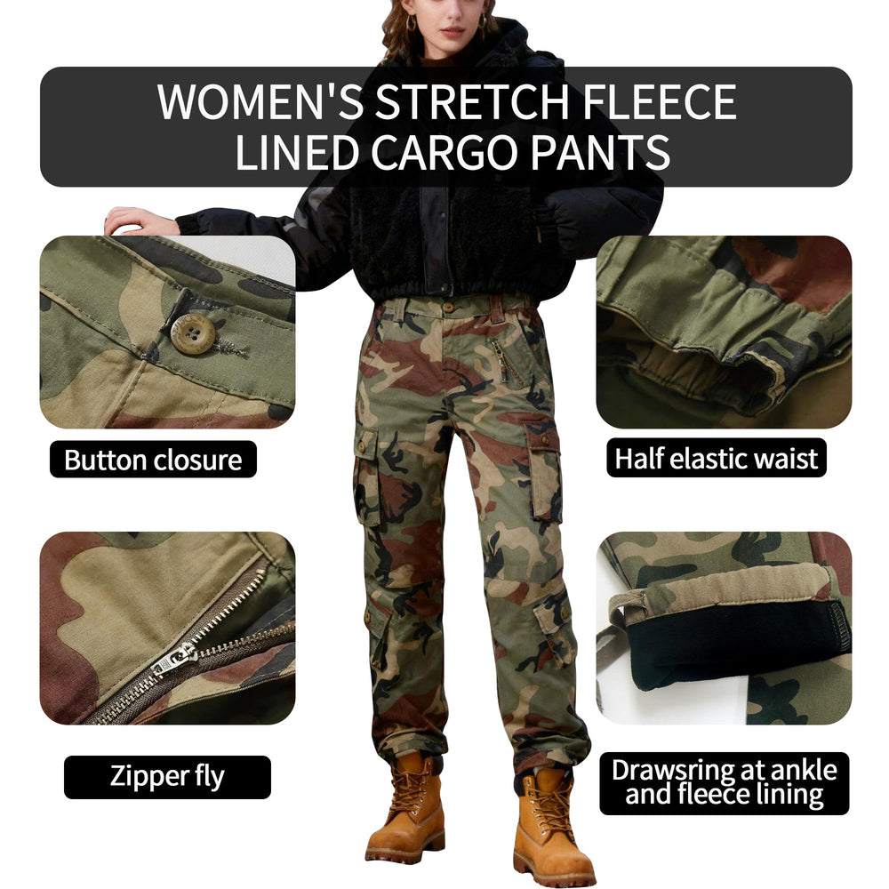 OCANXUE fleece-lined cargo pants camo straight leg with drawstring fit