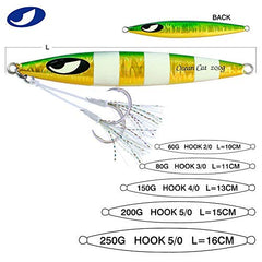 OCEAN CAT lead flat slow fall jig green gold close-up highlighting reflective finish