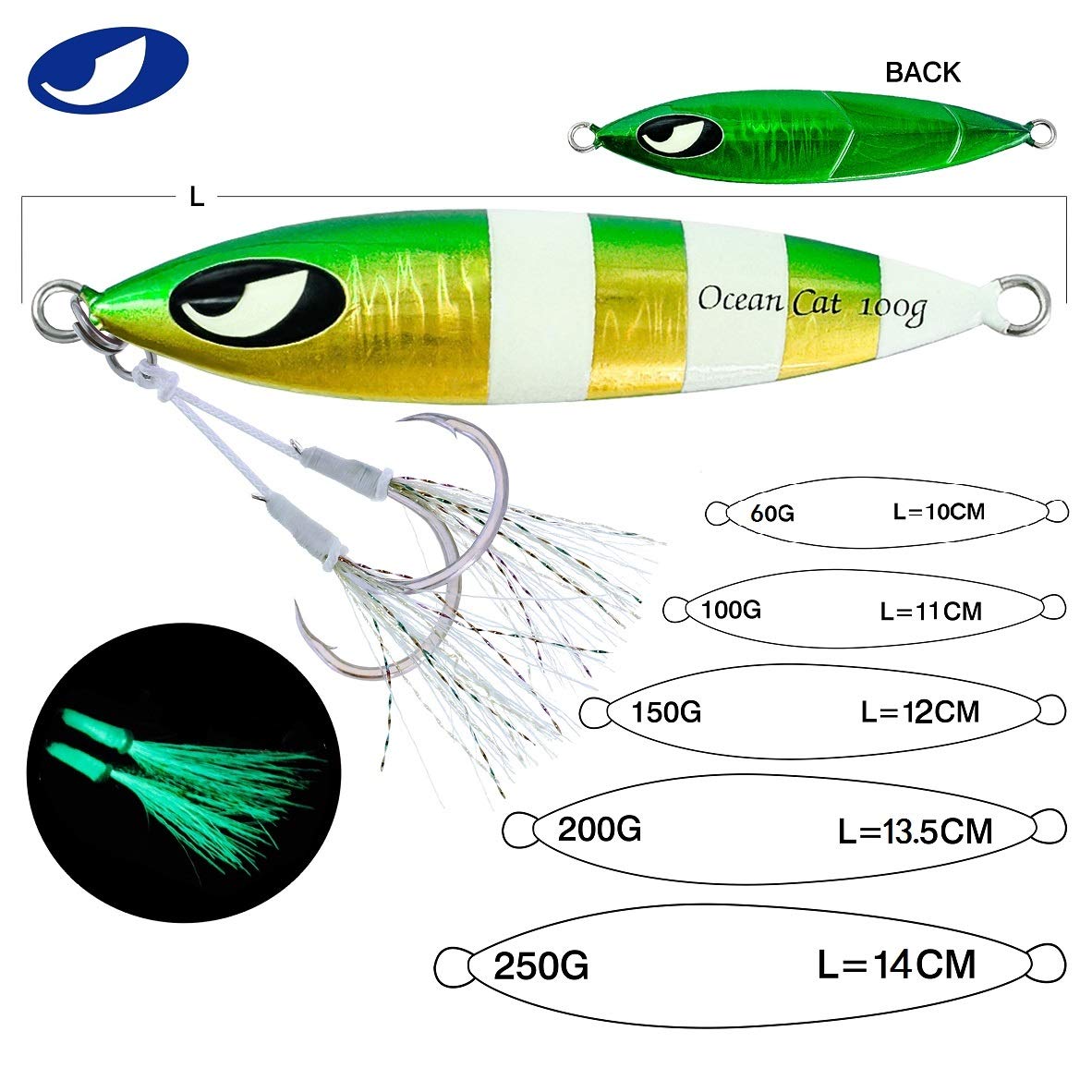 OCEAN CAT slow-fall jig with mustard hooks and glow tassels for attracting fish.