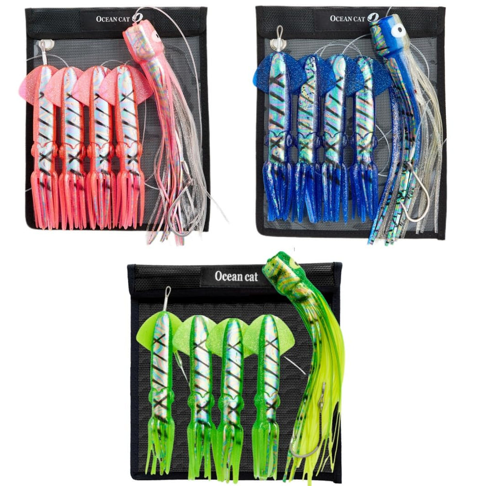 Ocean Cat teaser chain pink 7in squid set boosts lure visibility for offshore trolling.