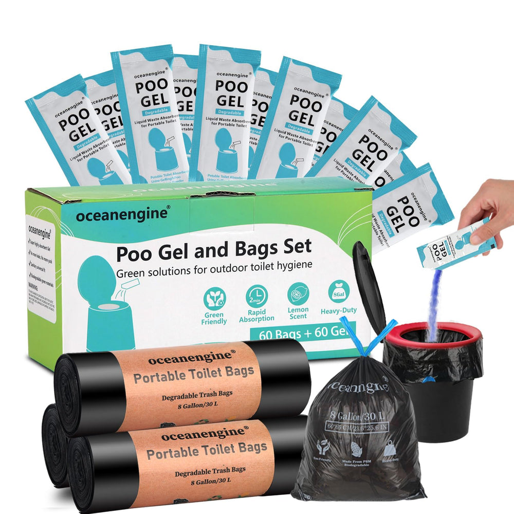 Oceanengine portable toilet bags setup demonstrates easy packing for camping and hiking trips.
