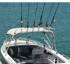Oceansouth clamp-on fishing rack highlights adjustable width for large Bimini tops.
