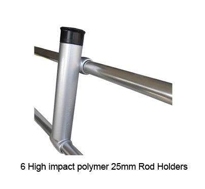 Oceansouth clamp-on fishing rack beside Bimini clamp for quick mounting.