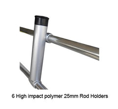 Oceansouth clamp-on fishing rack beside Bimini clamp for quick mounting.