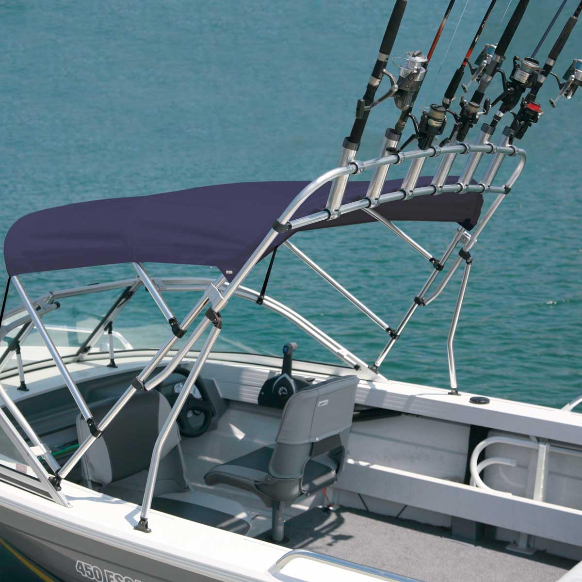 Oceansouth clamp-on fishing rack fits one-inch Bimini tubes with secure fit.