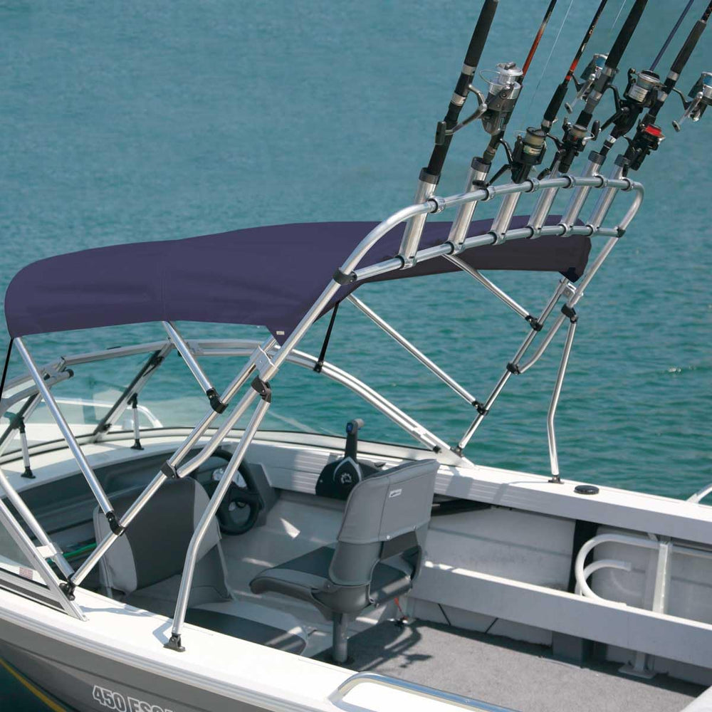 Oceansouth clamp-on fishing rack fits one-inch Bimini tubes with secure fit.