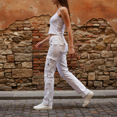 OCHENTA cargo pants waist-detail demonstrates high waist comfort and adjustable leg opening.