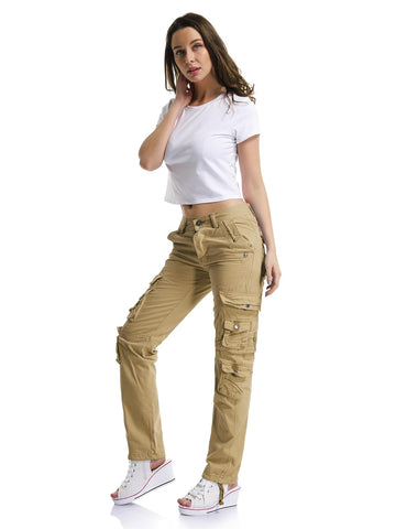 OCHENTA care-friendly khaki cargo pants show easy care and durable daily use.