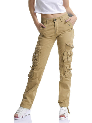 OCHENTA women's cargo pants khaki front view showing ten-pocket versatility for everyday storage.
