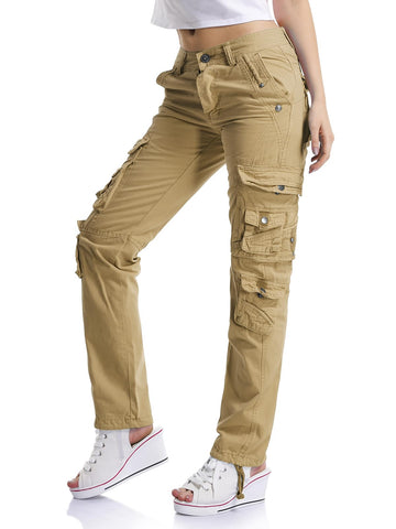 OCHENTA women's cargo pants khaki side view reveals baggy fit and adjustable leg opening.