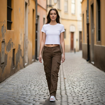 OCHENTA cotton travel pants with drawstring hem for adjustable length.