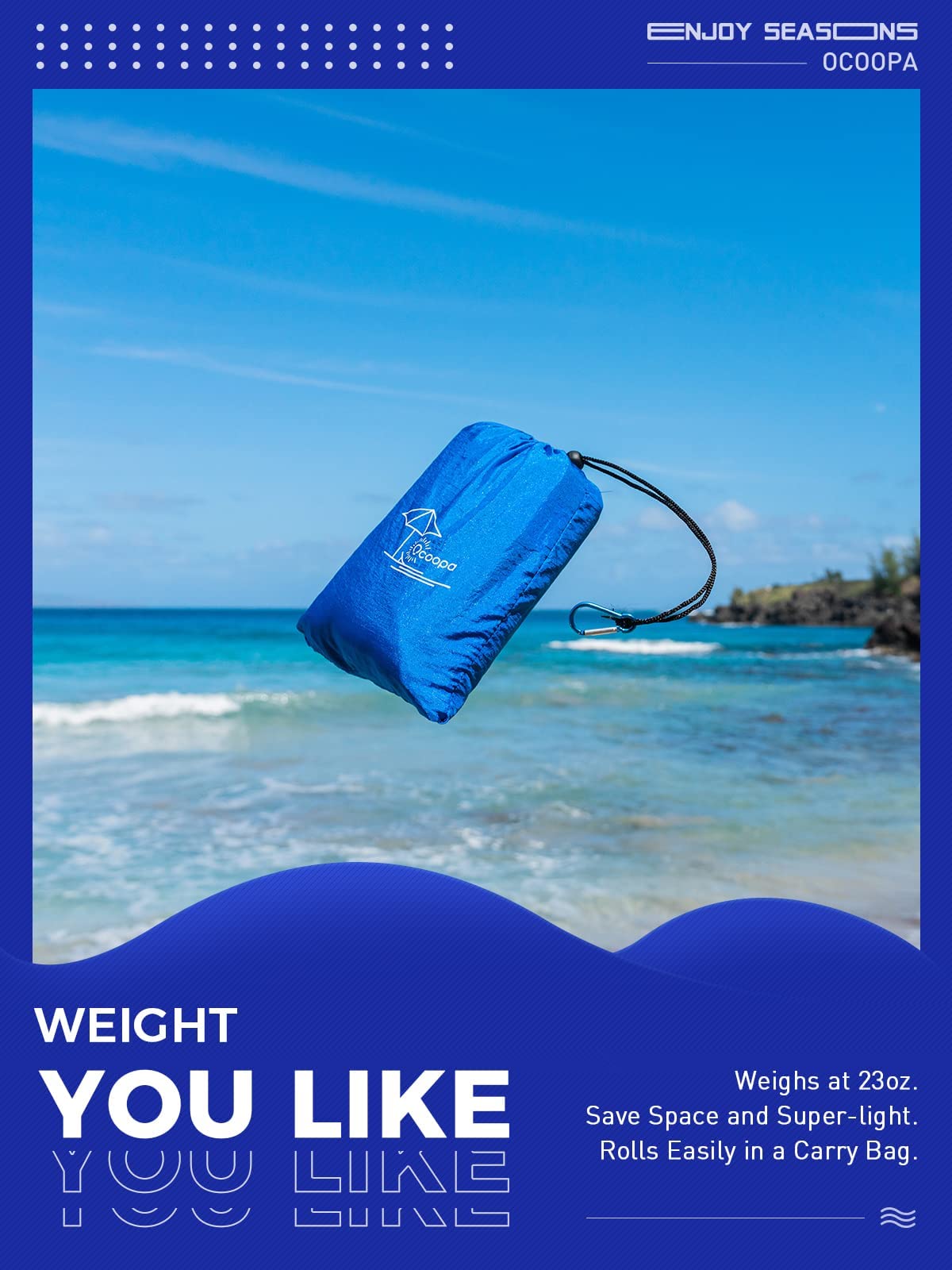 OCOOPA sand-proof parachute nylon blanket stays stable with stakes and loops.