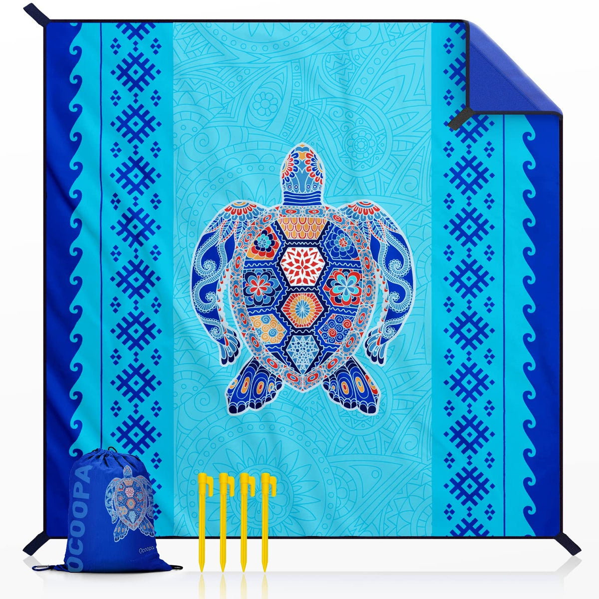 OCOOPA beach blanket with sea turtle design for stylish beach days and family photo moments.