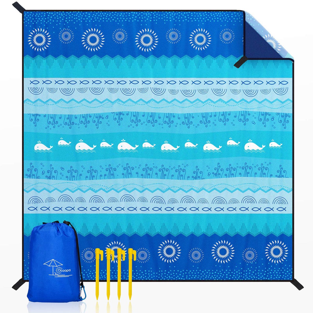 OCOOPA Bohemian Beach Blanket full setup shows spacious lounging area for family on the beach.