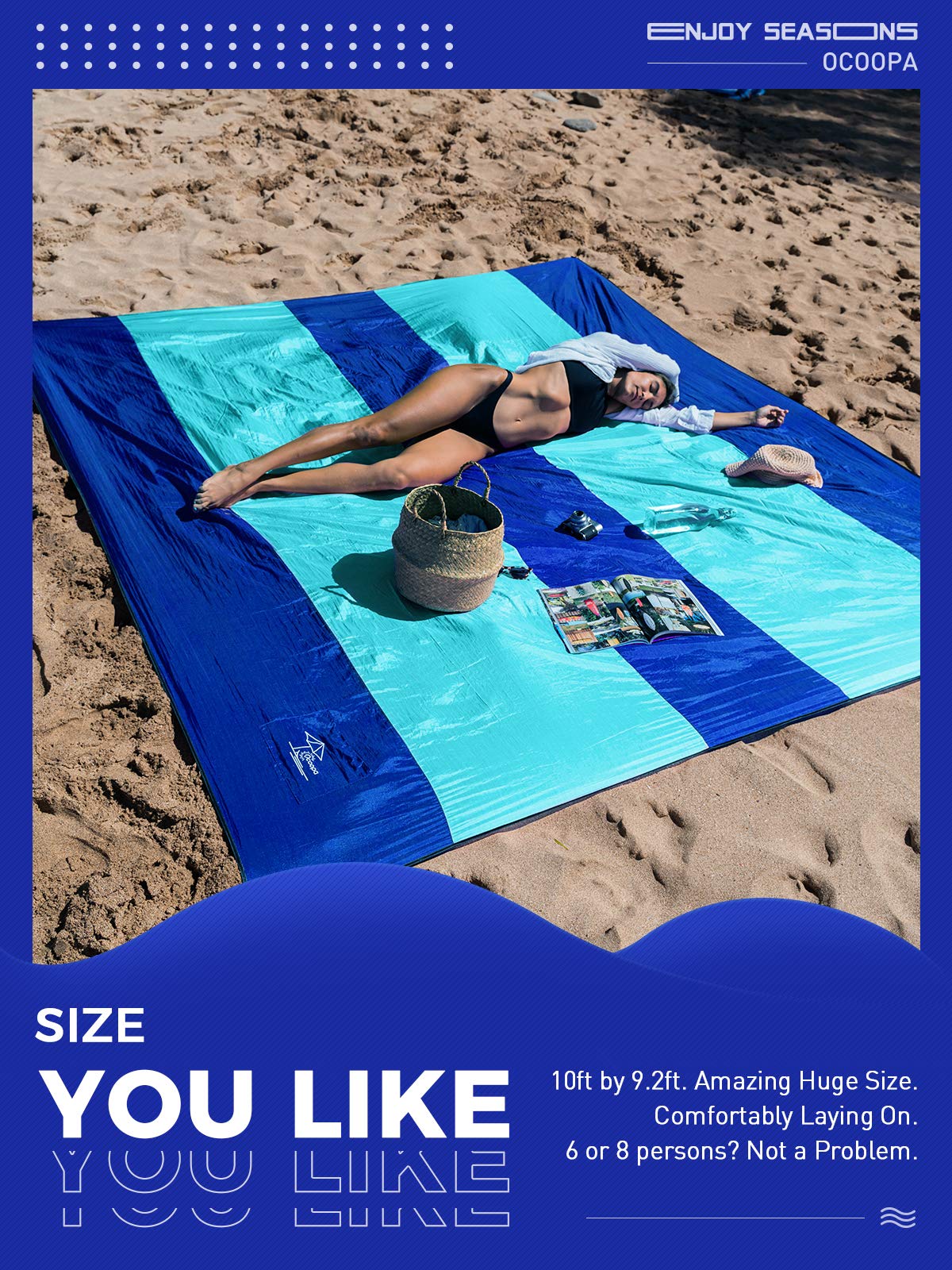 OCOOPA beach blanket 10x9.2 ft fits 6–8 people for shared outdoor moments.