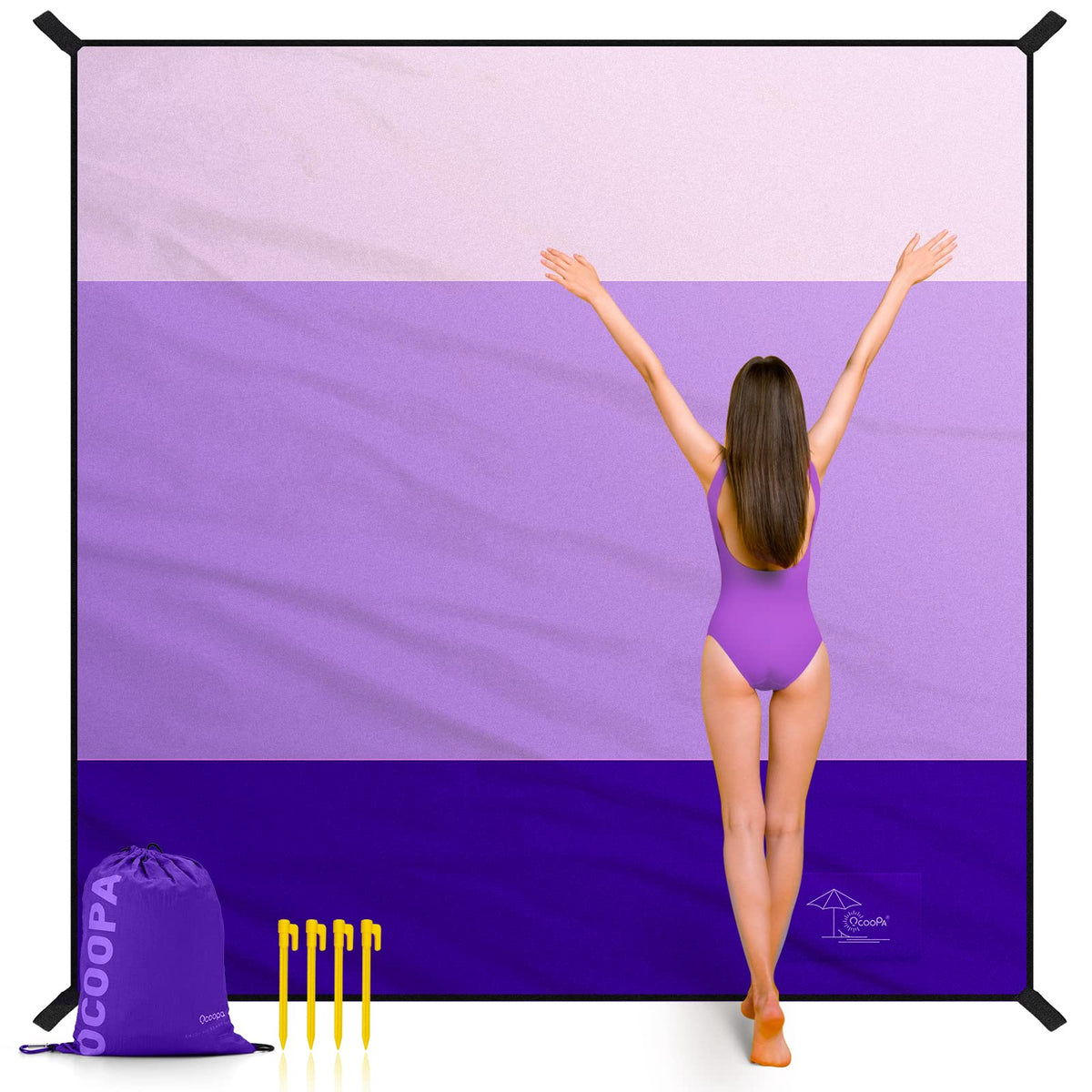 OCOOPA XXL beach blanket on sand for spacious family lounging.