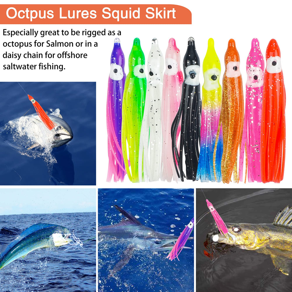 Complete 45-piece octopus squid skirts lure set displayed