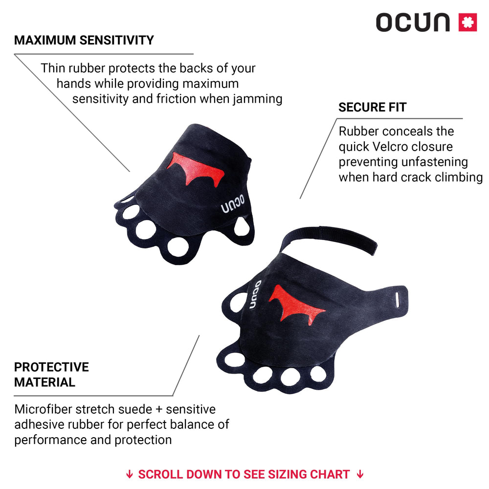 Ocun Crack Gloves highlight CAT 1.1 adhesion for enhanced grip