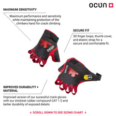 Ocun Crack Gloves Pro dynamic fit demonstrating sensitive handling during climbs.