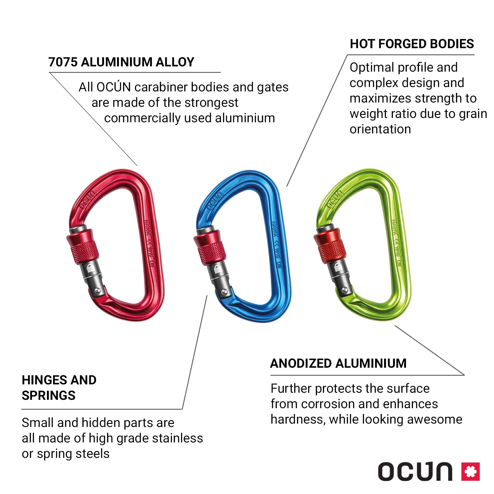 Ocun Hawk carabiner belaying, lightweight design and secure locking on belay