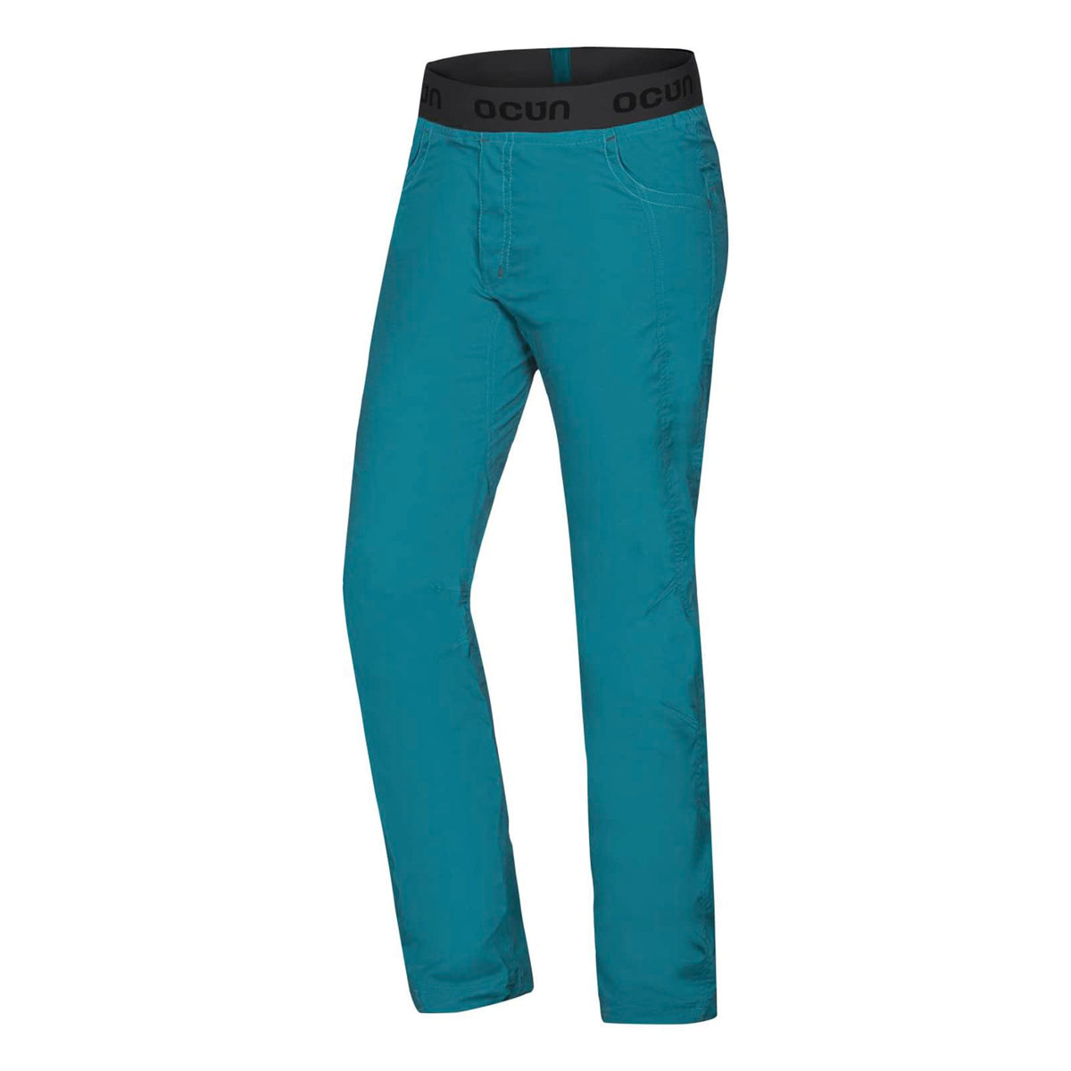 Ocun Men’s Mania Eco Pants front view in Turquoise Deep Lagoon for climber-ready comfort.
