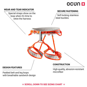 Ocun Neon 3 harness worn on rock climb, four gear loops for quick access