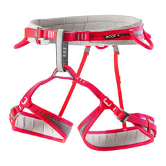 Ocun Neon 3 women's harness pink buckle closeup highlighting secure, easy-adjustment waist buckles during climbs.