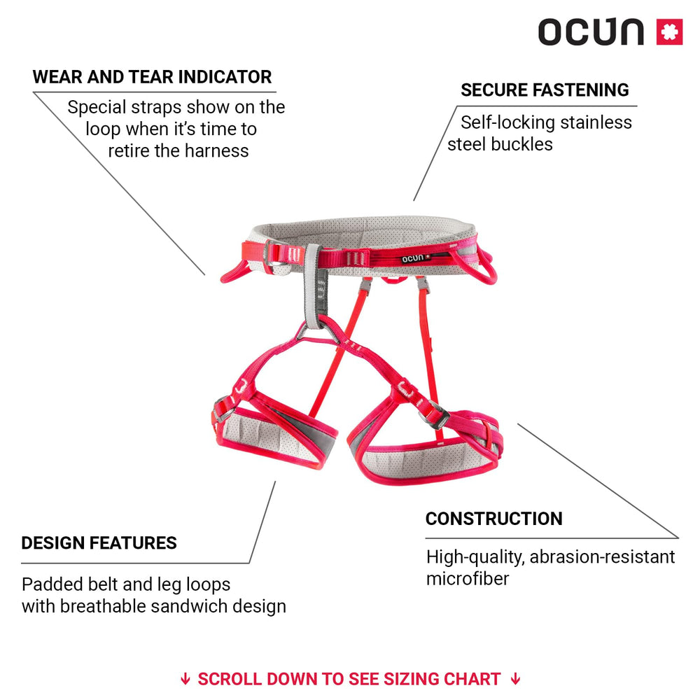 Ocun Neon 3 women's harness pink full wear shows comfort ready fit for long sessions.