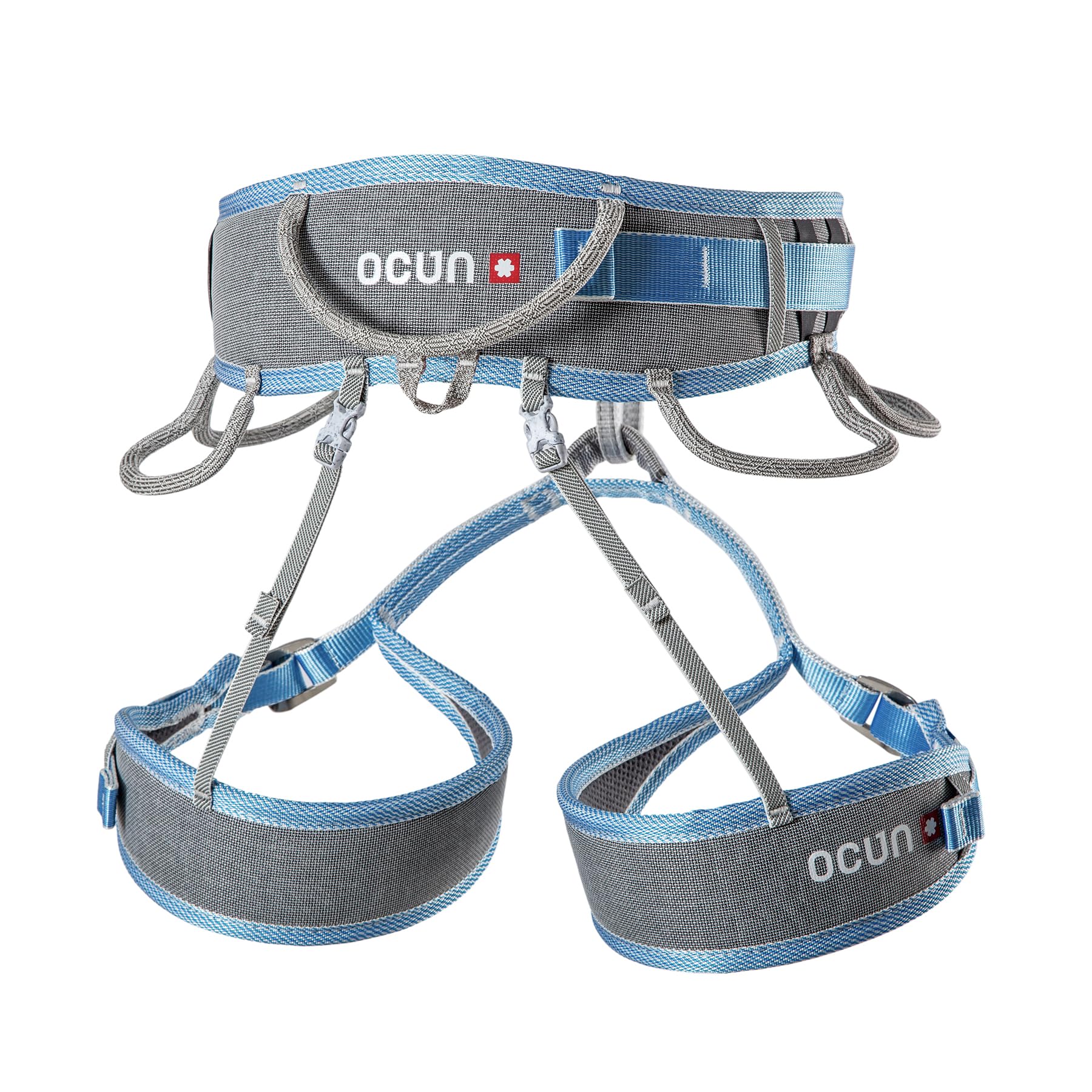 Ocun Twist Tech Eco Harness front view showing padded belt for all-day comfort and fit.