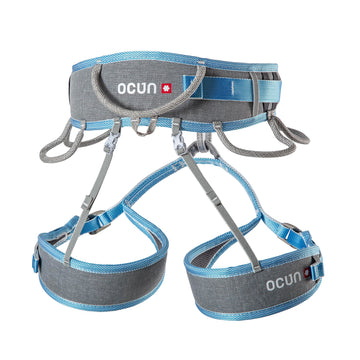 Ocun Twist Tech Eco Harness front view showing padded belt for all-day comfort and fit.