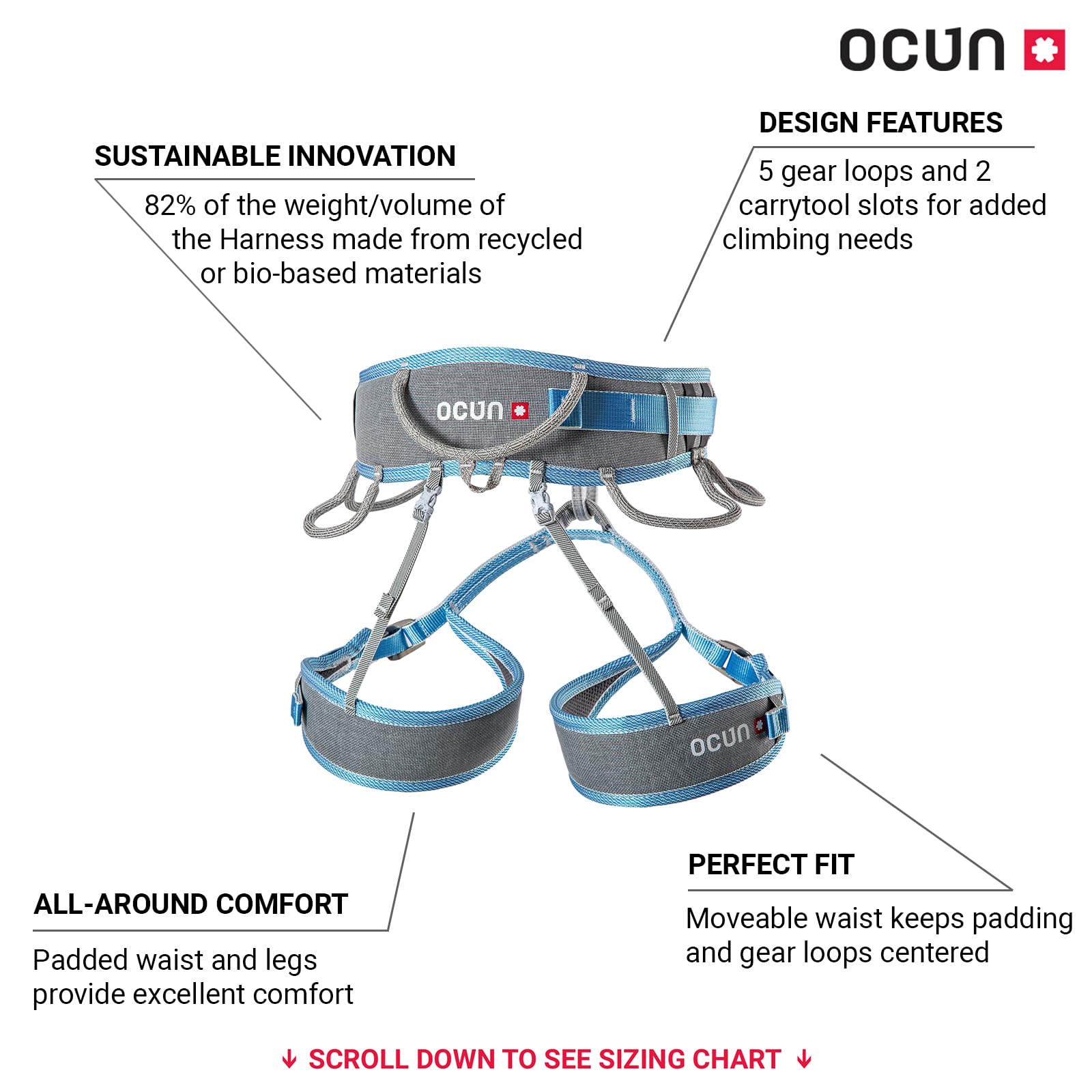 Ocun Twist Tech Eco Harness side view highlighting 3-buckle system and adjustable leg loops.