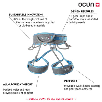 Ocun Twist Tech Eco Harness side view highlighting 3-buckle system and adjustable leg loops.