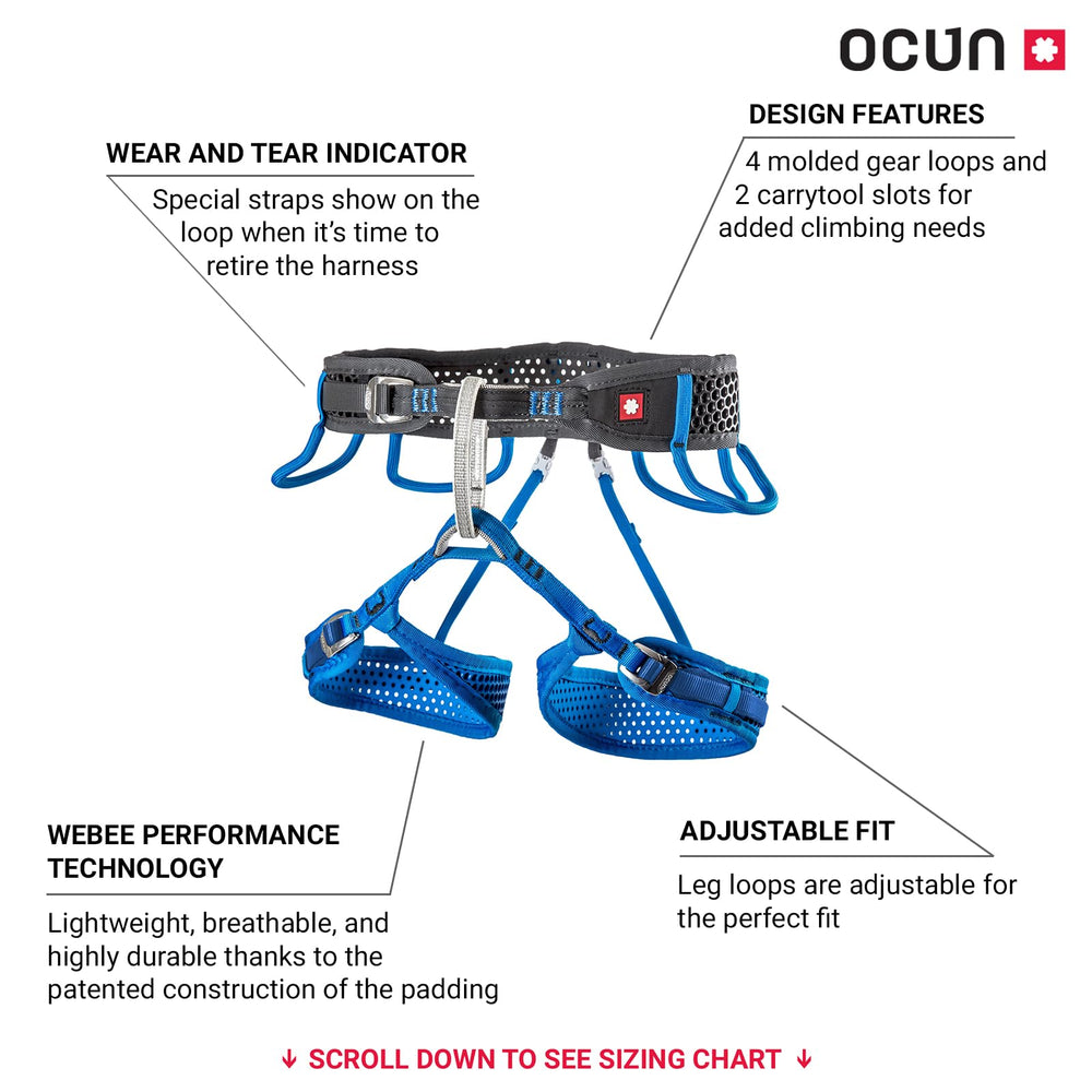 Ocun WeBee harness S side view showing 3-buckle secure adjustment.