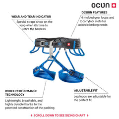 Ocun WeBee harness S side view showing 3-buckle secure adjustment.