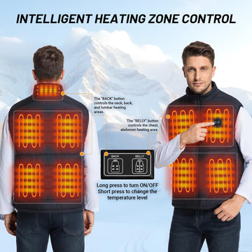Oddfah heated vest back view emphasizes coverage for core warmth
