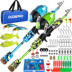 ODDSPRO Kids fishing pole blue-pack demonstrates portable backyard practice.
