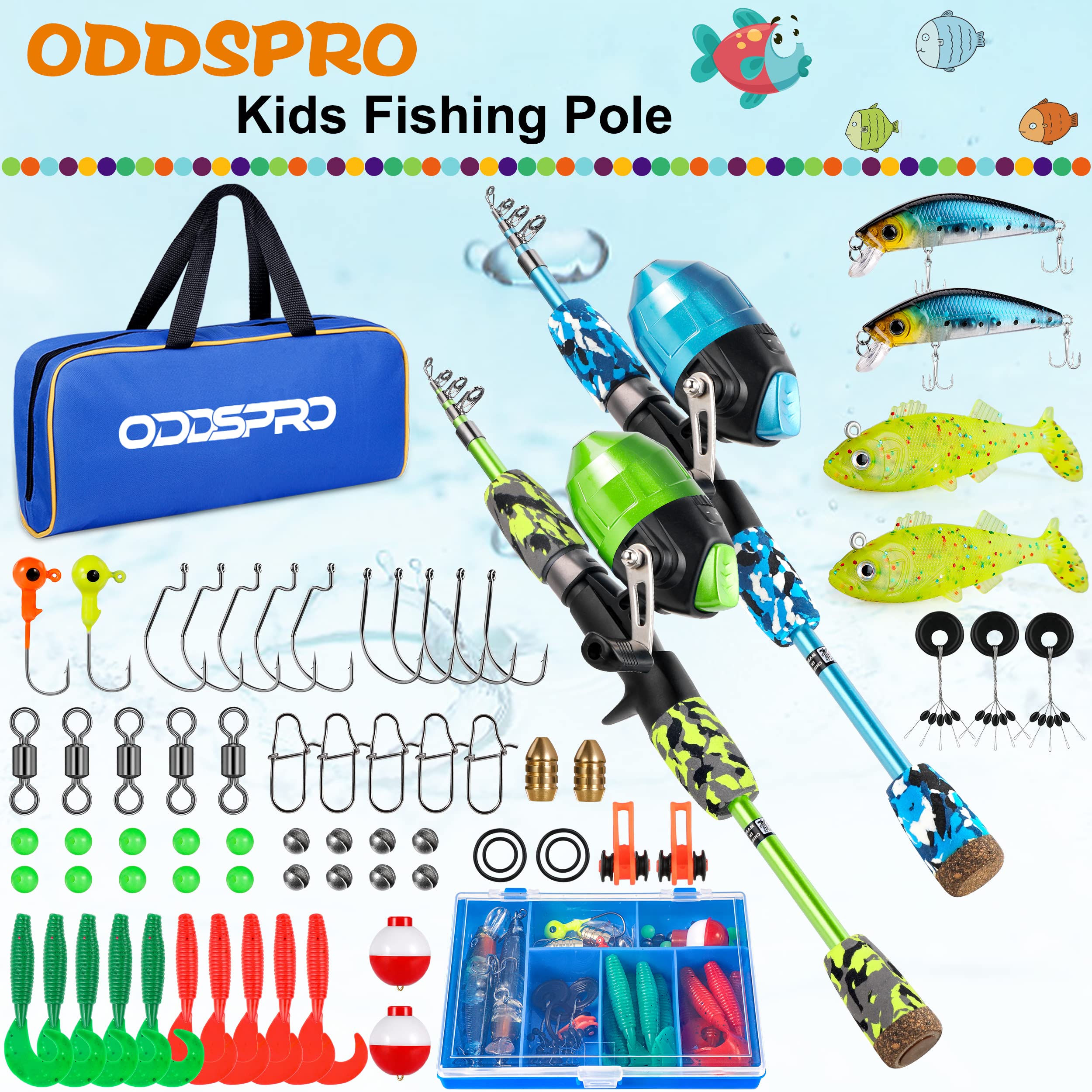 ODDSPRO Kids fishing pole green-reel shows beginner-friendly casting control.