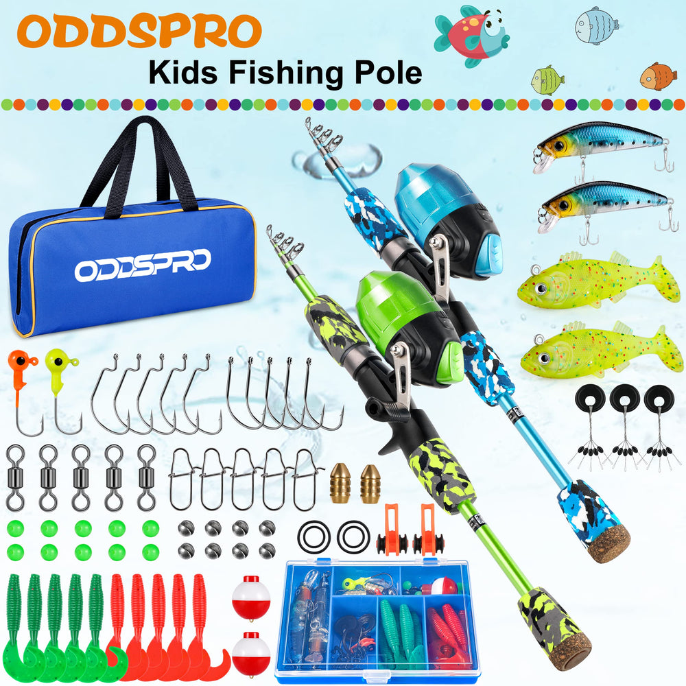 ODDSPRO Kids fishing pole green-reel shows beginner-friendly casting control.