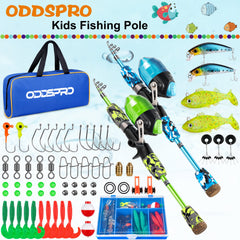 ODDSPRO Kids fishing pole green-reel shows beginner-friendly casting control.
