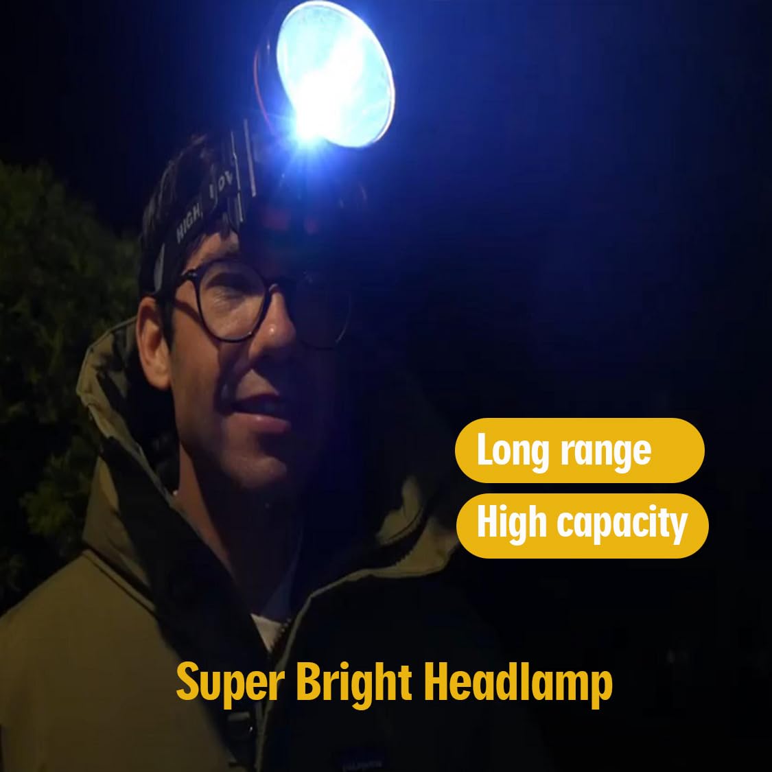 ODEAR headlamp worn on head for hands-free lighting during camping.