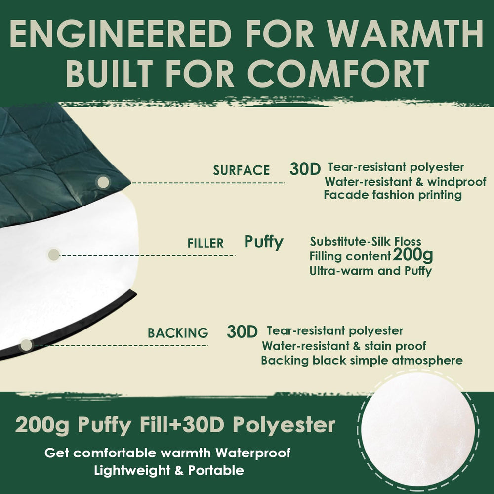 ODESUN down-alternative blanket on a hiking or camping trip for reliable warmth.